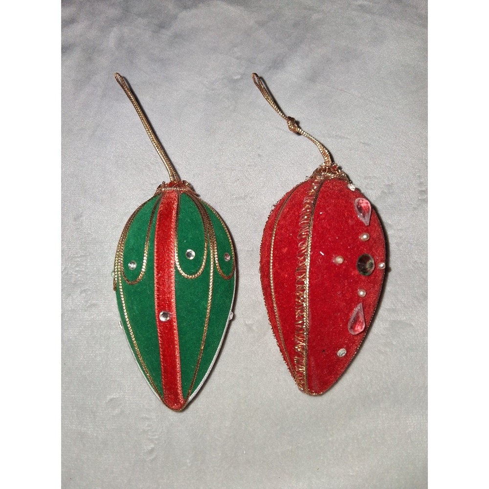 Vintage Velvet Jeweled Christmas Ornaments Red Green Gold Set of 2